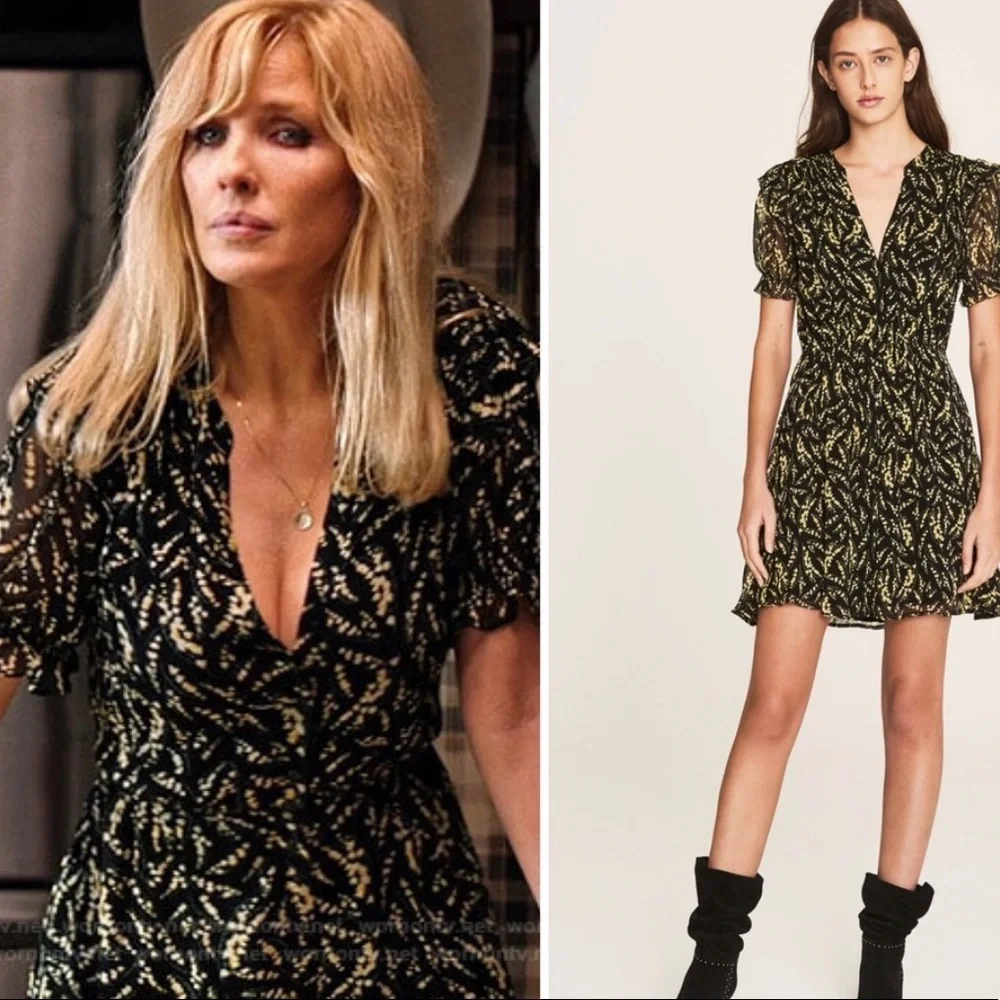 BA&SH Matcha Floral Mini Dress Noir Flowy Ruffles Elastic Waist BLK/Yellow SZ 4 - Picture 16 of 16